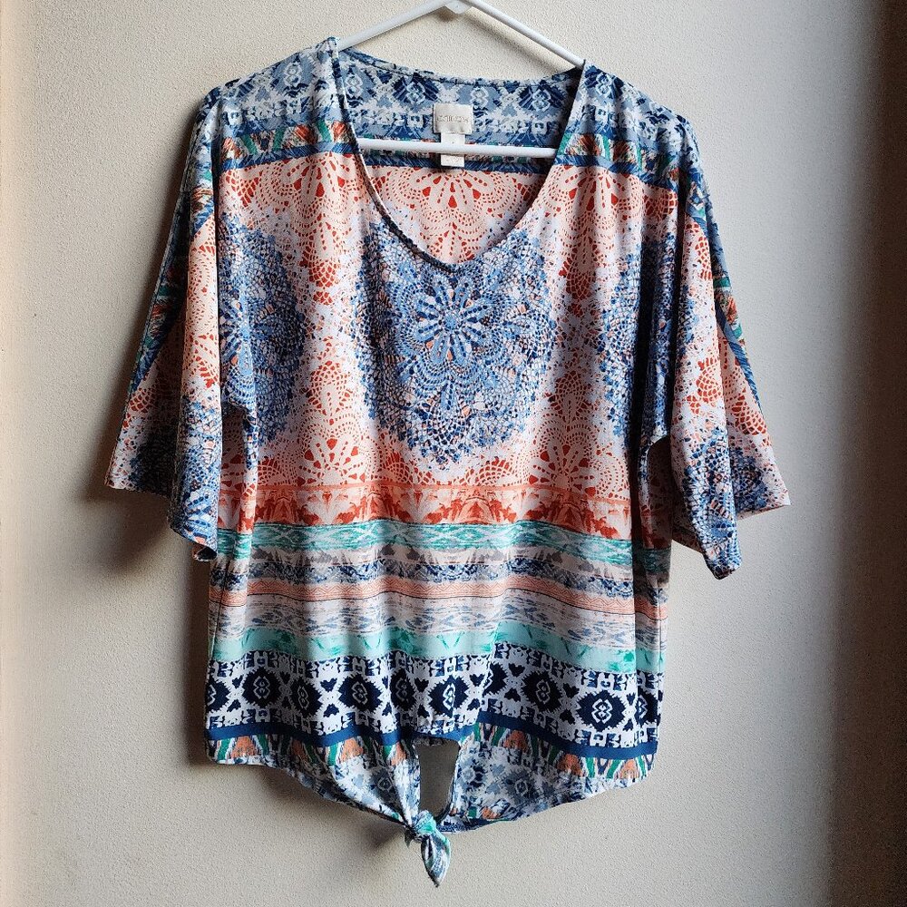 Chico's Medallion Print Tie-Front V-Neck Jersey Top Size 1 (8/10 - Medium)